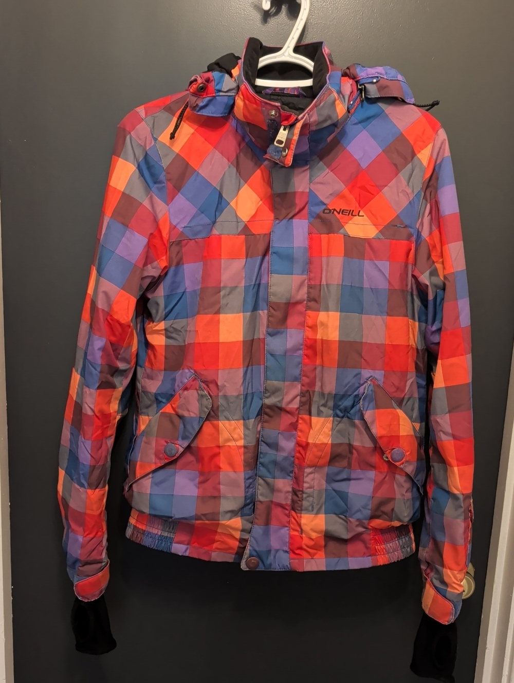 O'Neill Orange Red Blue Plaid Bomber Jacket